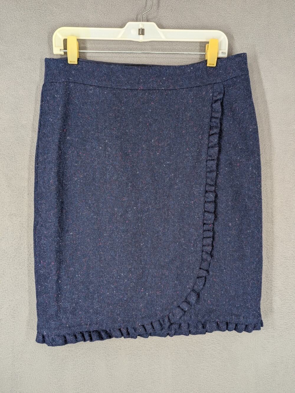 Talbots Navy Blue Wool Blend Donegal Tweed Ruffle Wrap Shetland Skirt 10